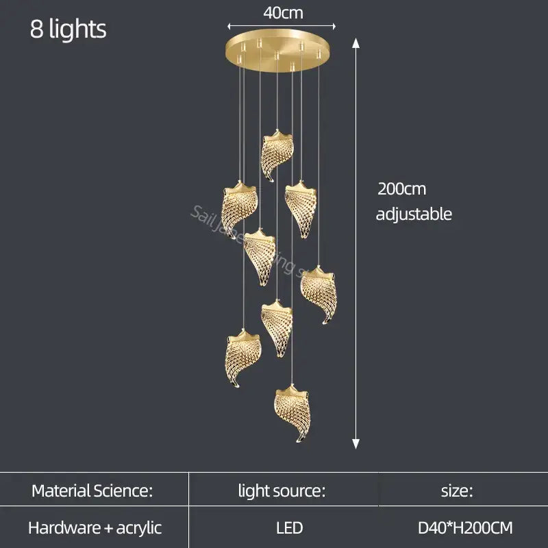 Elegant acrylic chandelier with gold-toned leaf-shaped pendant, eight LED lights, and adjustable height for living room