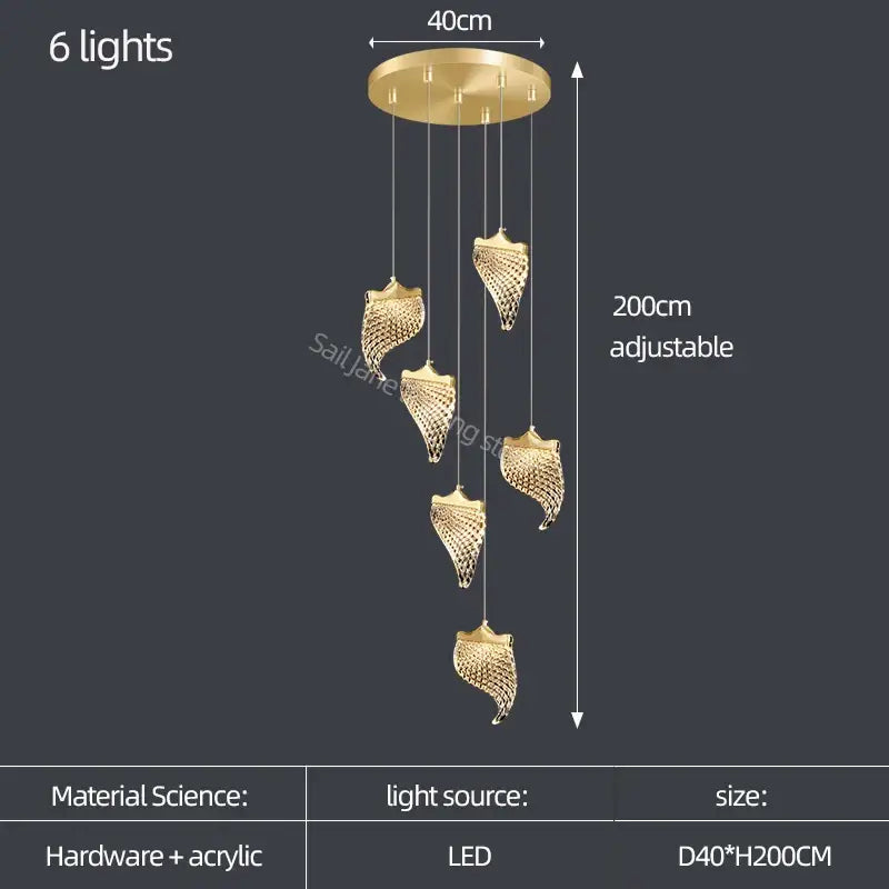 Elegant acrylic chandelier with six gold-toned leaf-shaped acrylic light fixtures for living room or dining hall decor