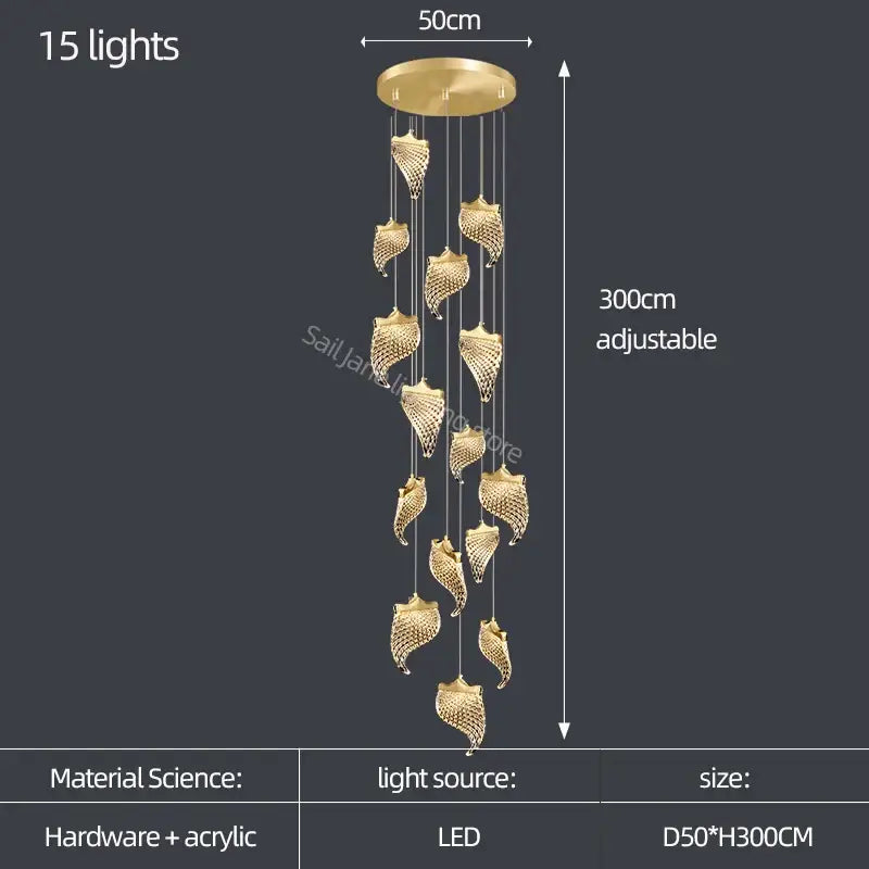 Gold-colored shell-shaped pendant elegant acrylic chandelier with 15 led lights and adjustable height for living room