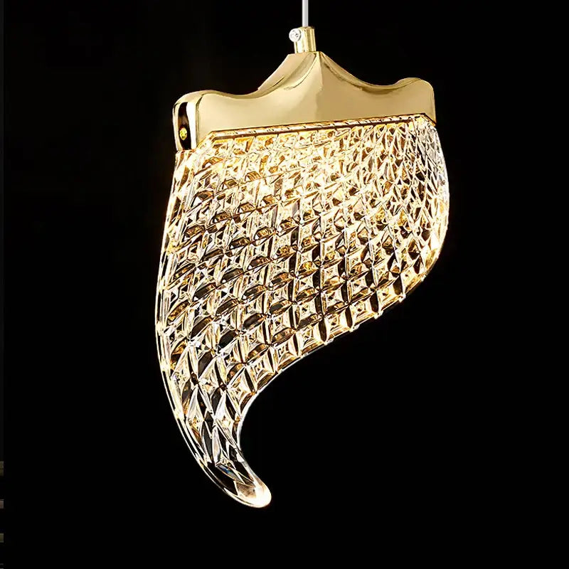 Elegant acrylic chandelier gold-toned crystal pendant light shaped like clutch purse with diamond-cut pattern for living room