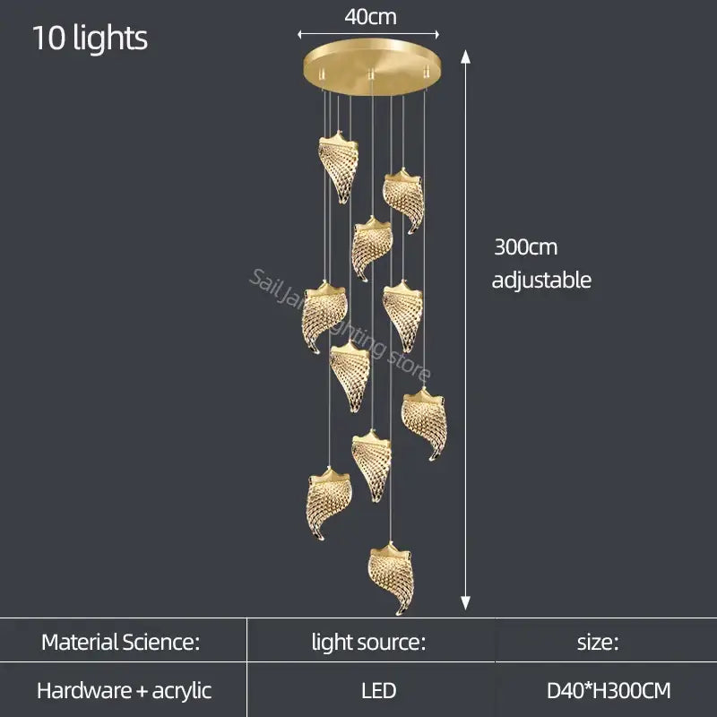 Elegant acrylic chandelier with gold-toned circular base and ten leaf-shaped acrylic light fixtures for living room