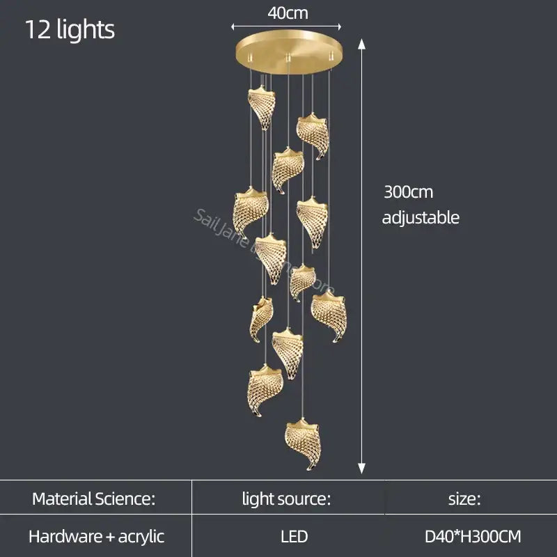 Elegant golden shell acrylic chandelier with 12 led lights and adjustable height for living room and dining hall