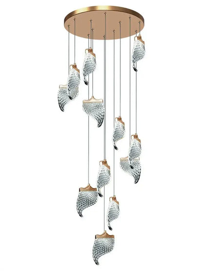 Elegant acrylic chandelier with gold-toned circular mount and hanging glass leaf shades for living room and dining hall