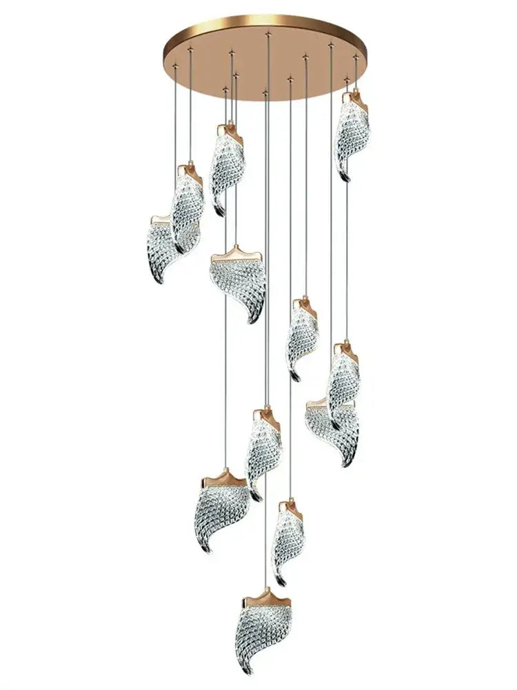 Elegant acrylic chandelier with gold-toned circular mount and hanging glass leaf shades for living room and dining hall