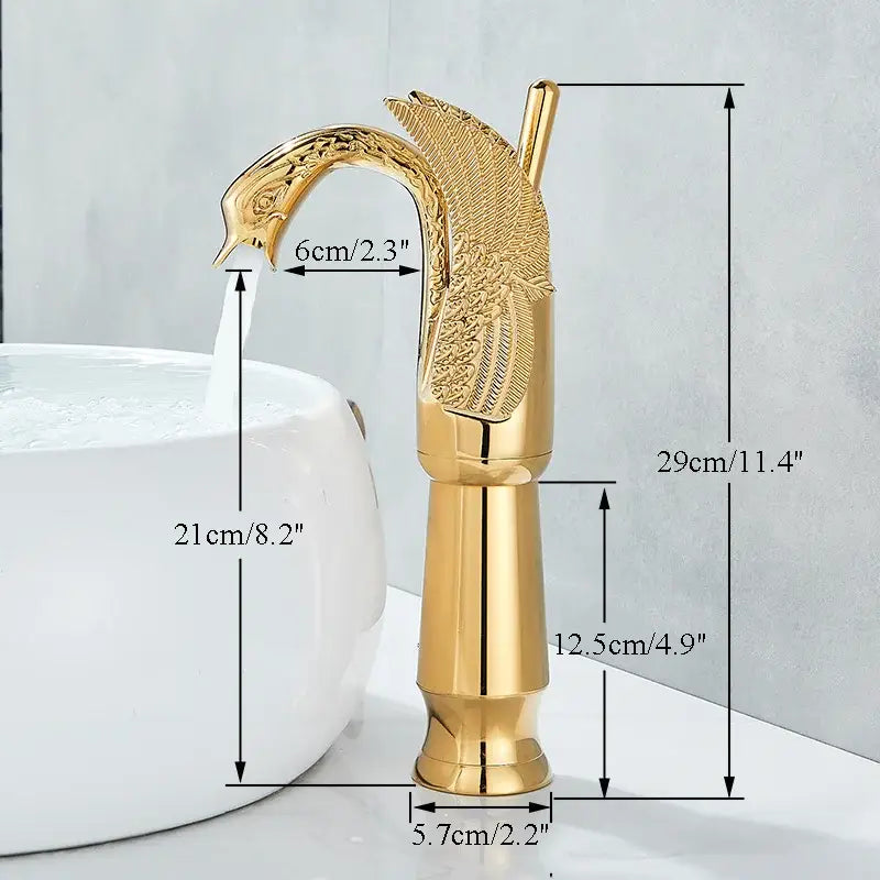 Elegant golden swan faucet with ornate bird shape, detailed feather engraving, and polished metallic finish for bathroom use