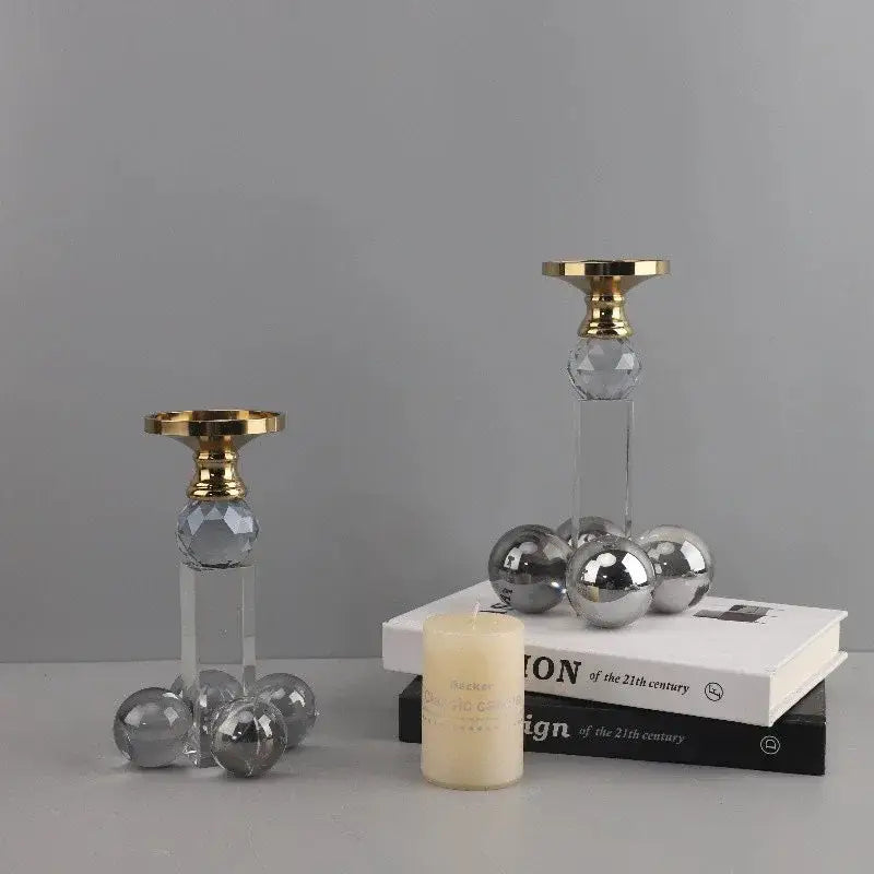 Elegant gray and gold clear crystal geometric candle holder with faceted spherical accents by decorbites for dining room decor