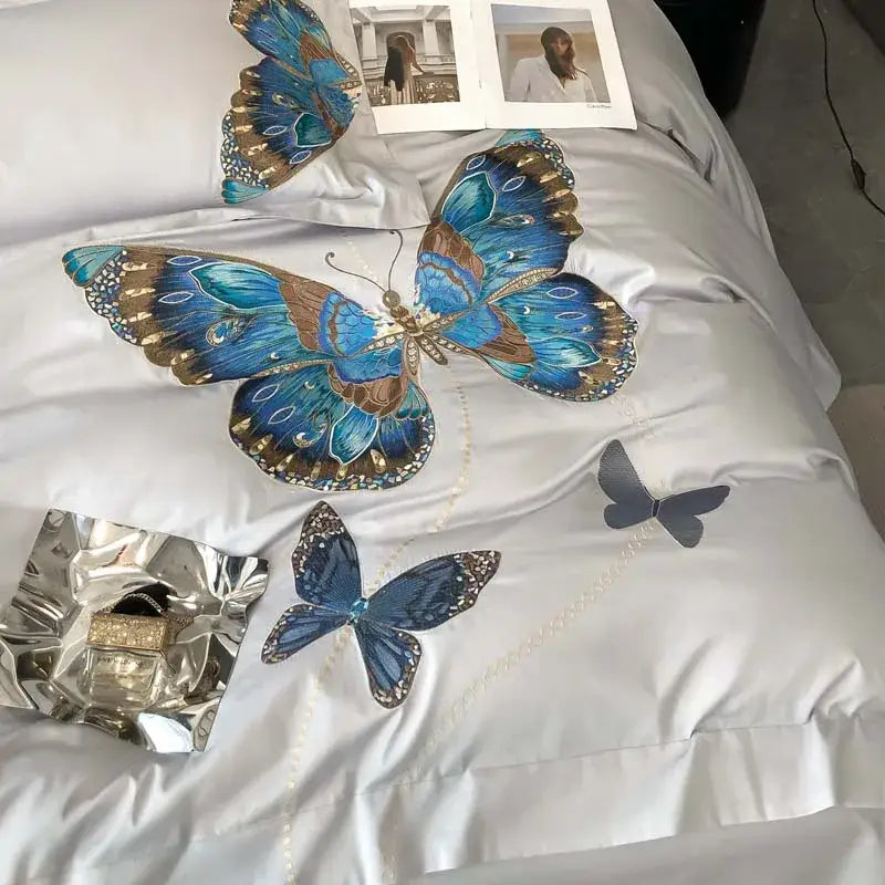 Elegant gray butterfly embroidery bedding set with white satin duvet and blue gold butterfly appliqués decorbites butterfly embroidery