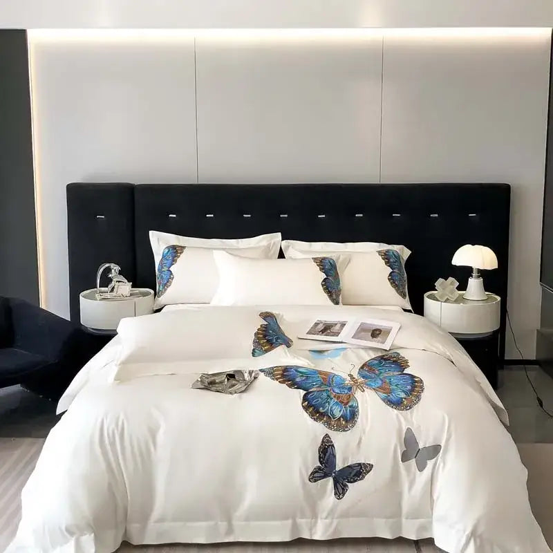 White satin bedding set with elegant gray and blue butterfly embroidery for decorbites butterfly embroidery bedding