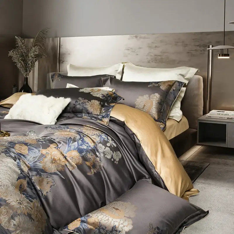 Luxurious dark gray satin 1500tc egyptian cotton bedding set with gold and blue floral embroidery and golden lining