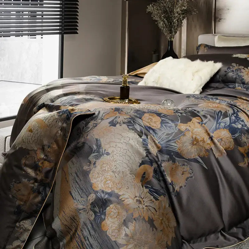 Dark gray satin duvet cover with intricate gold and blue floral embroidery in elegant 1500tc egyptian cotton bedding set