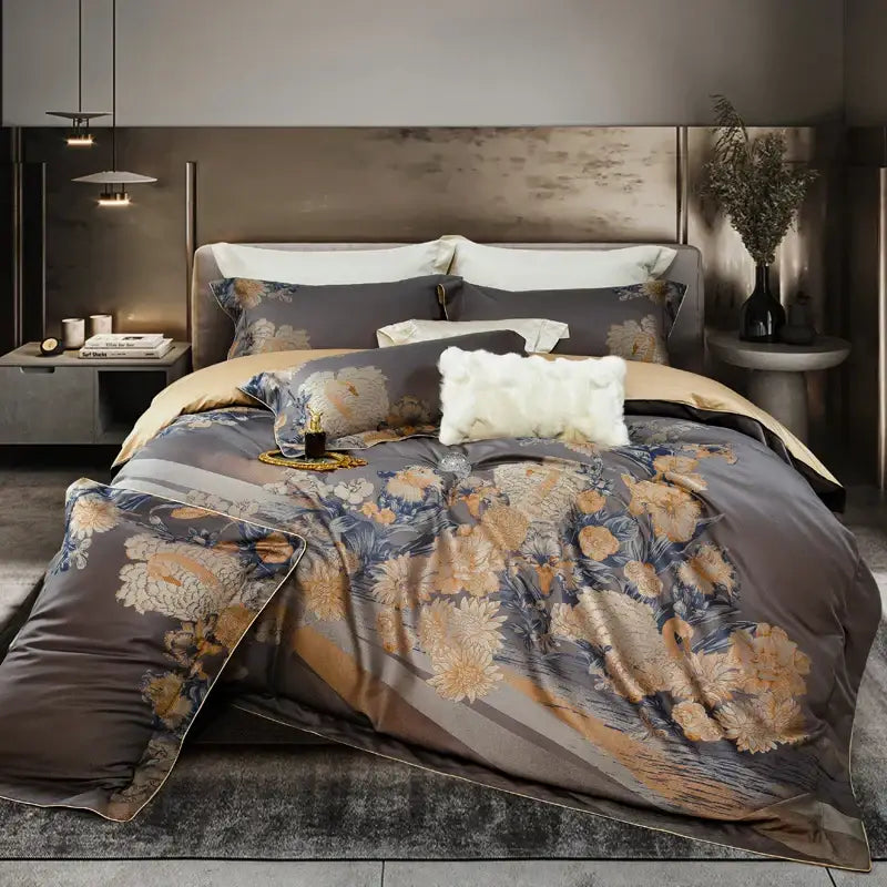 Elegant gray and gold floral 1500tc egyptian cotton bedding set with luxurious satin finish for bedroom use
