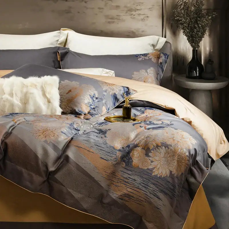 Elegant gray and gold floral satin bedding set with matching pillowcases made of 1500tc egyptian cotton