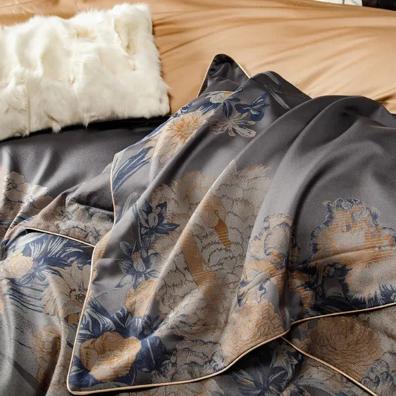 Elegant gray satin duvet cover with navy blue and gold floral embroidery and beige piping in 1500tc egyptian cotton bedding set