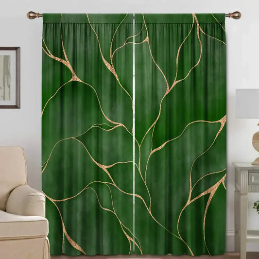 Deep green turtle leaf curtains with elegant gold patterns hang from brass rods for decorbites green turtle decor