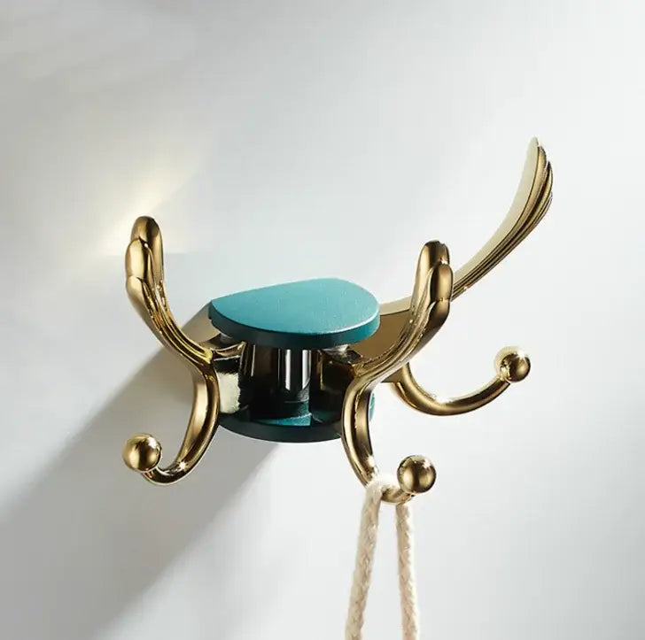 Elegant green gold zinc alloy single hook bathroom wall mount with a gold-toned coat hook and teal circular center