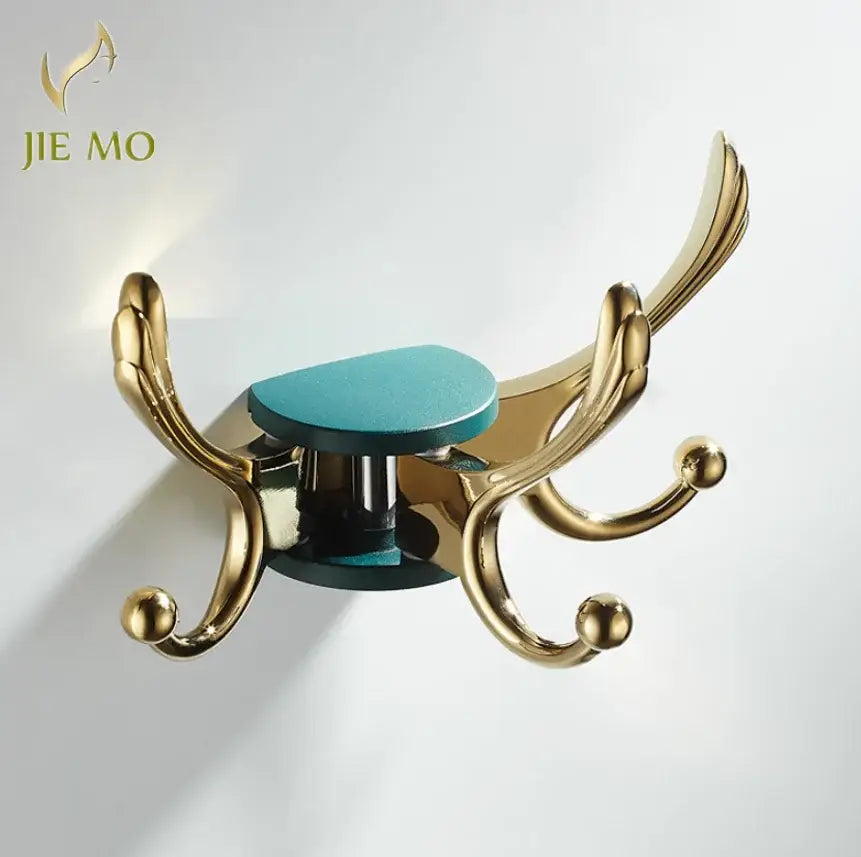 Elegant green gold zinc alloy wall-mounted single coat hook with curved hooks and a central teal circular plate