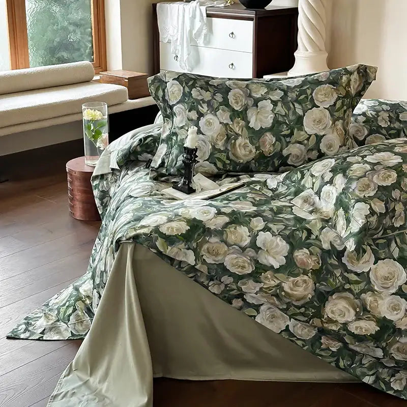 Elegant green and cream floral bedding set made of decorbites 1000tc egyptian cotton with a satin finish