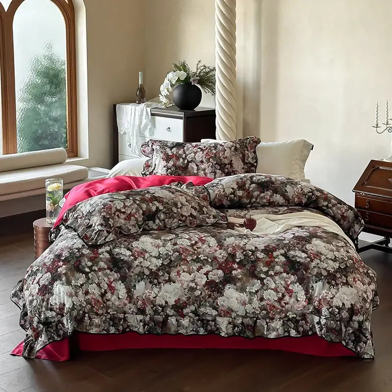 Elegant green and white rose bedding set with floral pattern ruffled edges and vibrant red satin lining 1000tc egyptian cotton