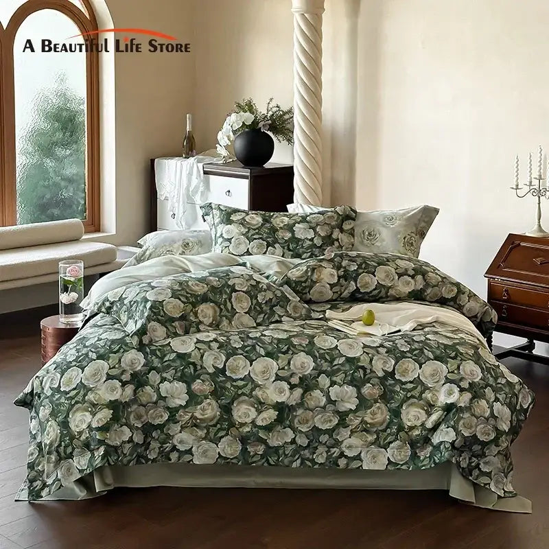 Elegant green and white rose patterned bedding set made of soft decorbites 1000tc egyptian cotton fabric