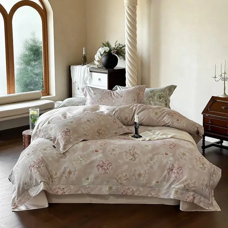 Beige floral satin bedding set with soft pink and green blossoms from decorbites 1000tc egyptian cotton collection
