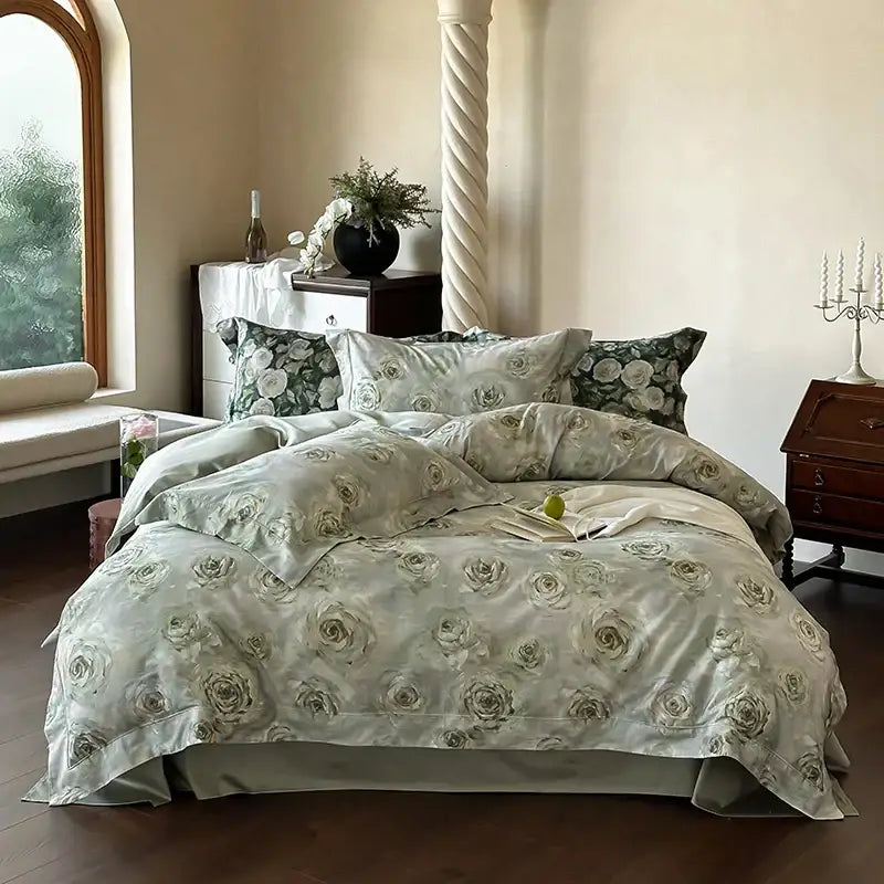 Elegant sage green rose-patterned satin bedding set with subtle sheen made from decorbites 1000tc egyptian cotton