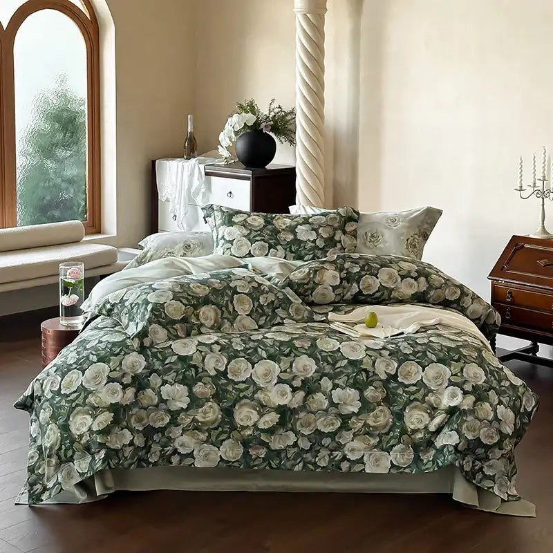 Elegant green and white bedding set with floral design made of soft decorbites 1000tc egyptian cotton fabric finish