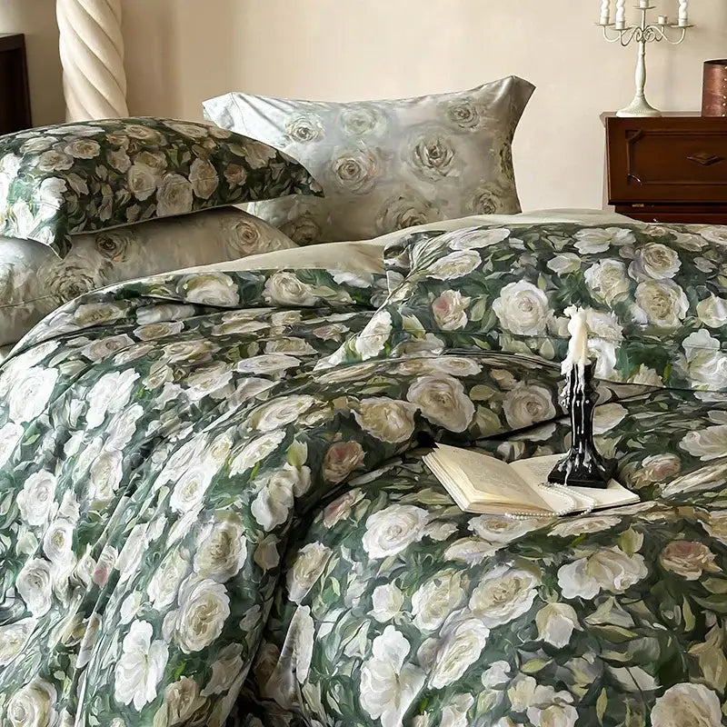 Elegant green and white rose patterned satin bedding set made from decorbites 1000tc egyptian cotton for bedroom use