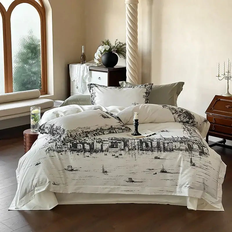 White duvet cover with black ink style coastal town sketch in elegant green and white rose 1000tc egyptian cotton bedding set