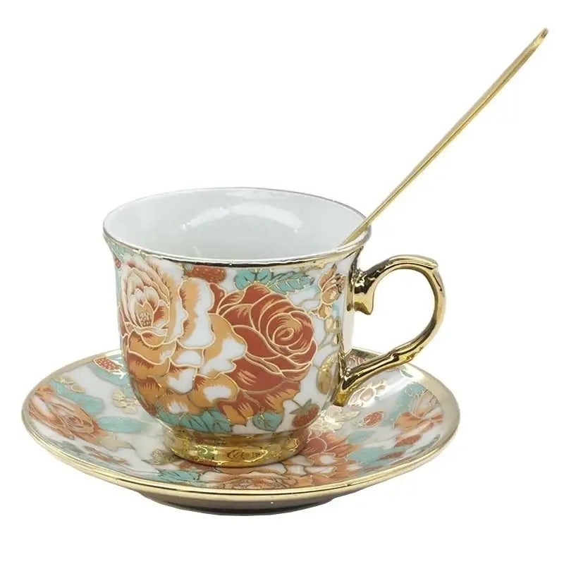 Elegant hand painted flower ceramic coffee cup set with intricate orange peach and teal floral patterns and gold trim