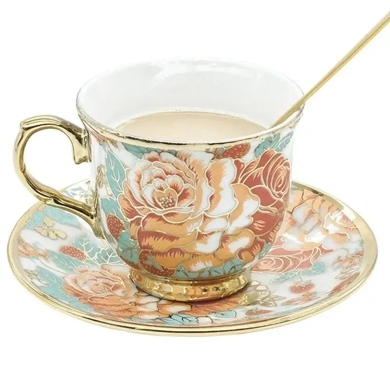 Elegant hand painted flower ceramic coffee cup set with peach and teal floral patterns and gold trim for kitchen dining
