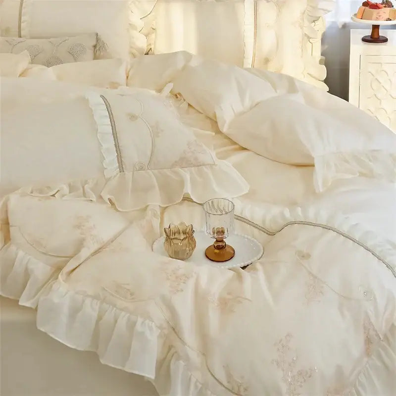 Elegant heart cream satin bedding set with delicate ruffles and floral lace embroidery by decorbites elegant heart