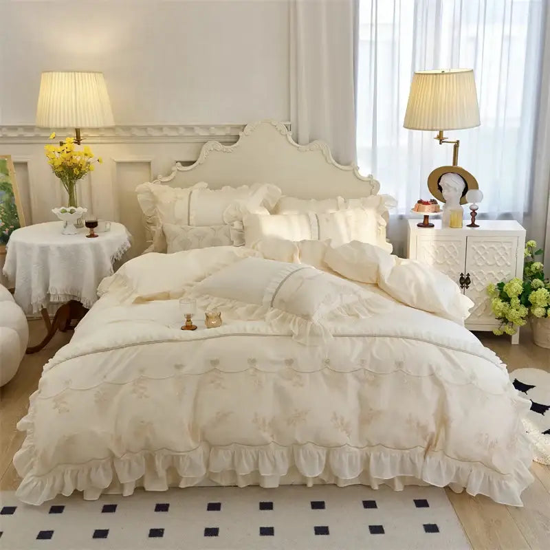 Elegant heart cream satin bedding set featuring ruffled layers and floral lace embroidery by decorbites elegant heart