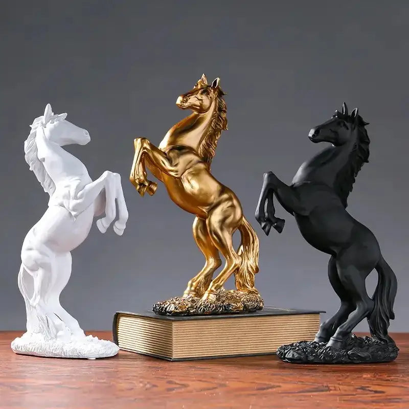 Three elegant horse resin sculpture figurines in white gold and black by decorbites for living room tabletop decor
