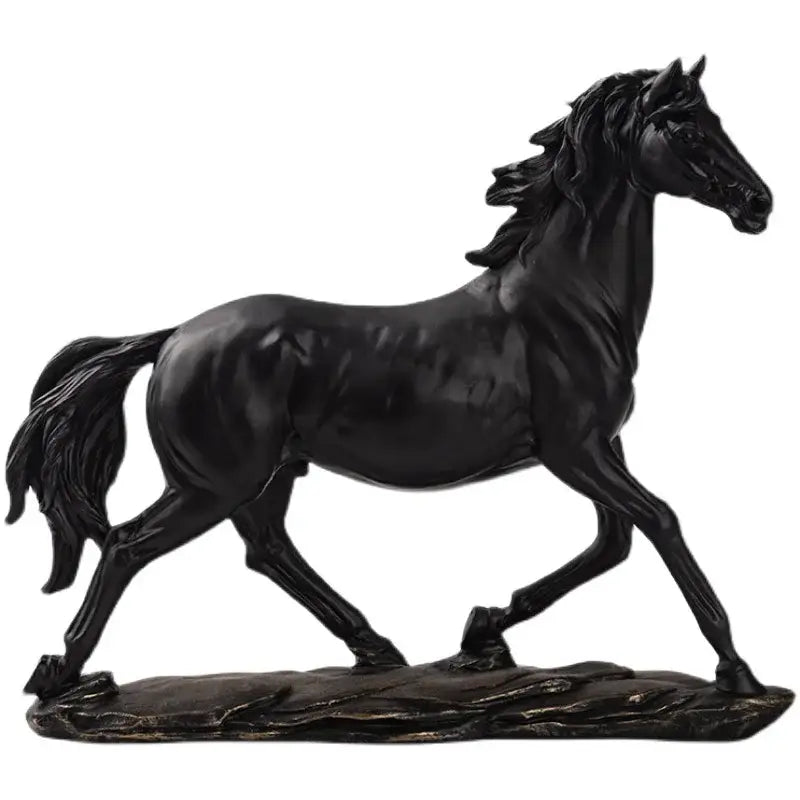 Elegant black horse resin statue with detailed mane and tail standing on a textured base for living room decor