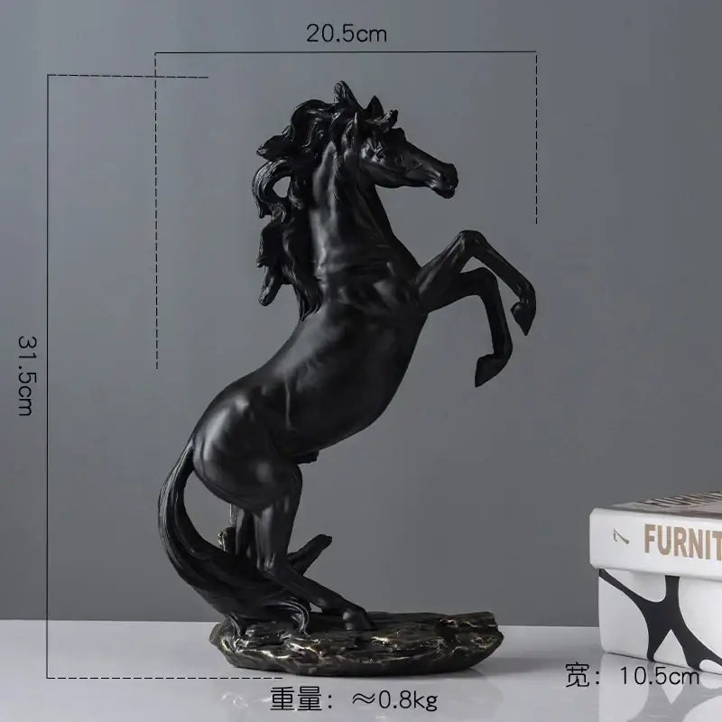 Elegant horse resin statue in black with glossy finish standing reared on rocky base for living room decor