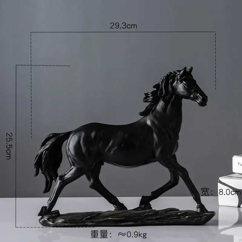 Elegant horse resin statue featuring a black glossy horse with detailed musculature and flowing mane on textured base