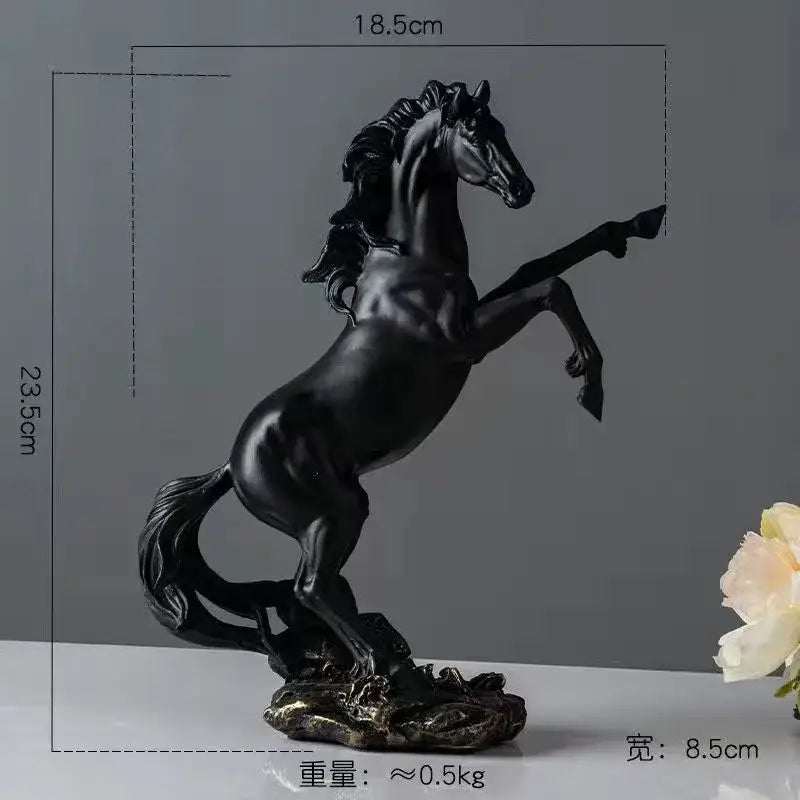 Elegant horse resin statue in black with a glossy finish rearing on a textured base for living room decor