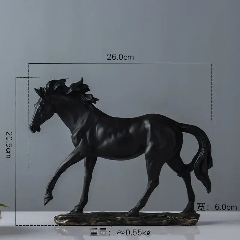 Elegant horse resin statue featuring a black glossy finish with detailed musculature and flowing mane for living room decor