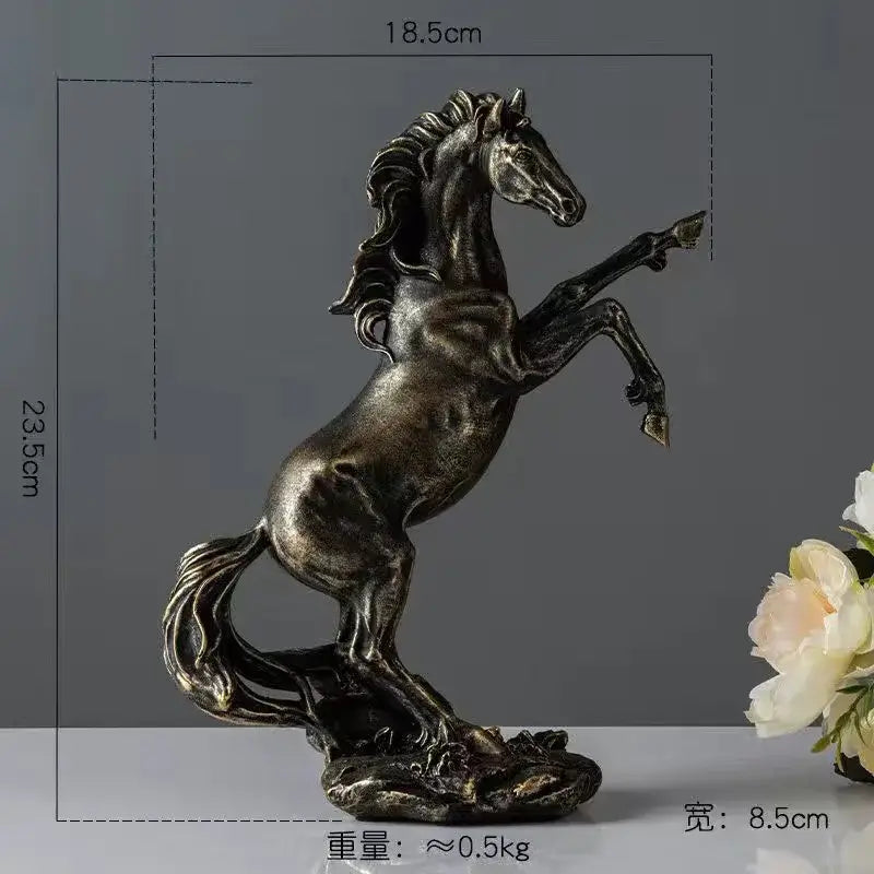 Bronze colored elegant horse resin statue with intricate details and rearing pose for living room decor