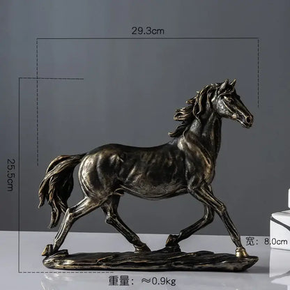 Elegant horse resin statue in bronze color with detailed musculature and flowing mane for living room decor