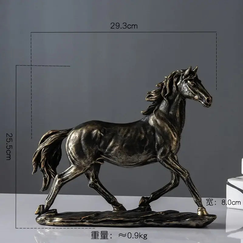 Elegant horse resin statue in bronze color with detailed musculature and flowing mane for living room decor