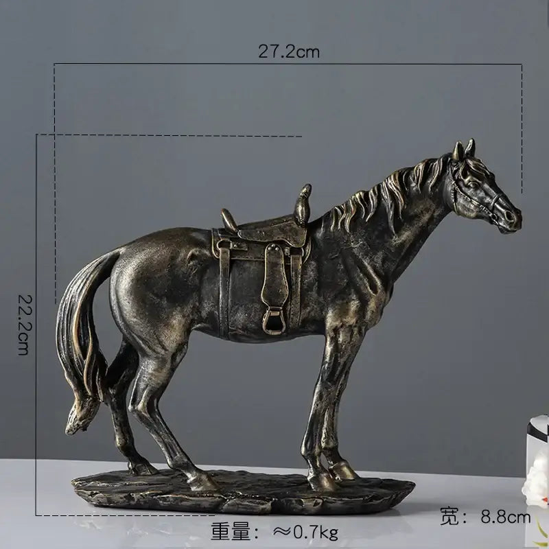 Bronze-colored elegant horse resin statue with detailed saddle and mane standing on a rocky base for living room decor