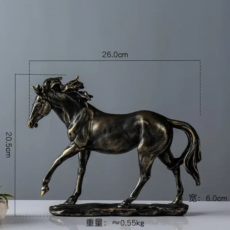 Elegant horse resin statue in bronze with intricate details and flowing mane for living room decor