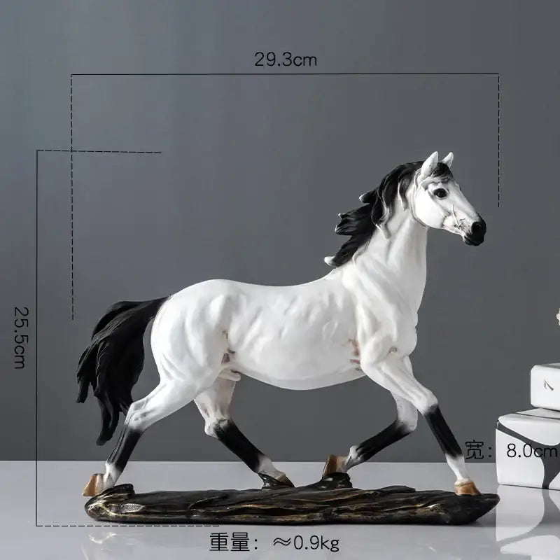 Elegant horse resin statue featuring a sleek white and black ceramic horse with a flowing mane on a dark base