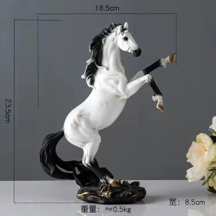 Elegant horse resin statue in white and black with dynamic rearing pose on ornate dark base for living room decor