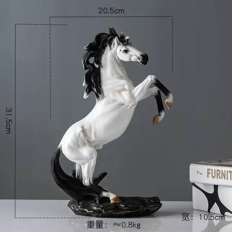 Elegant horse resin statue featuring a sleek white and black design with flowing mane on a dark base for living room decor