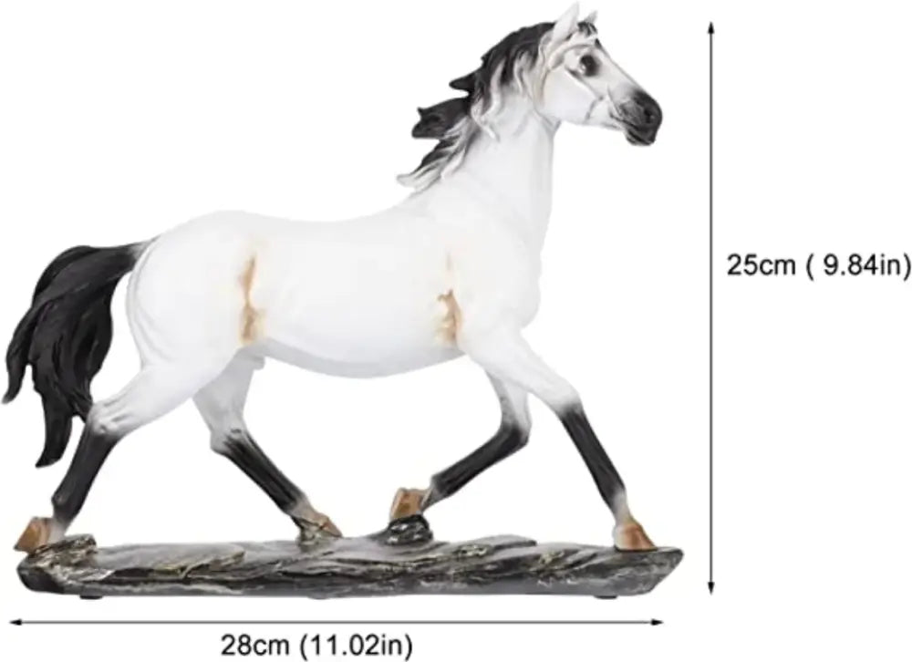 Elegant horse resin statue featuring a white and black horse figurine with detailed mane standing on a rocky base