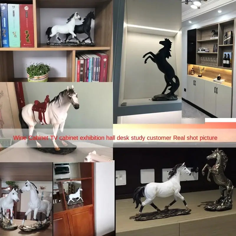 Elegant horse resin statue featuring a white horse figurine with red saddle and black mane for living room decor