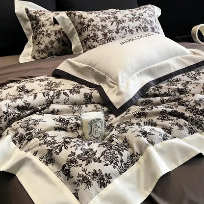 Elegant ivory and dark brown floral egyptian cotton bedding sets with satin trim and mark cross embroidered pillowcase