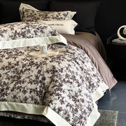 Elegant ivory and dark brown floral egyptian cotton bedding sets with satin trim in cotton bedding sets for bedroom
